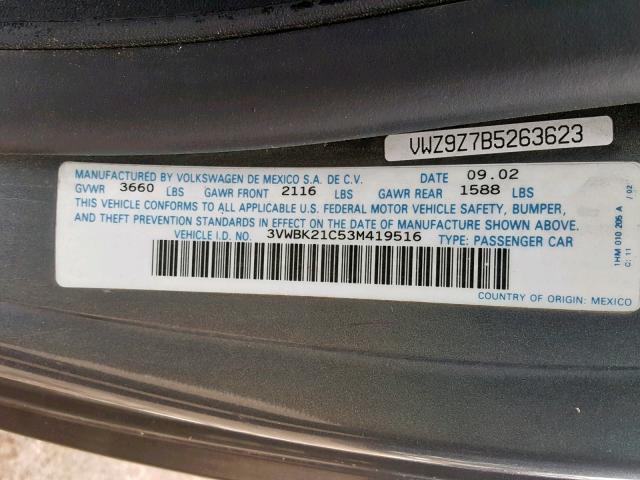 3VWBK21C53M419516 - 2003 VOLKSWAGEN NEW BEETLE ნაცრისფერი ფოტო 10