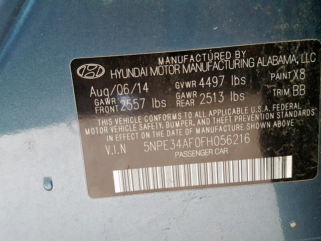 5NPE34AF0FH056216 - 2015 HYUNDAI SONATA SPO BLUE photo 10