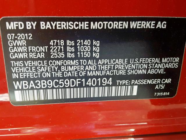 WBA3B9C59DF140194 - 2013 BMW 335 XI RED photo 10