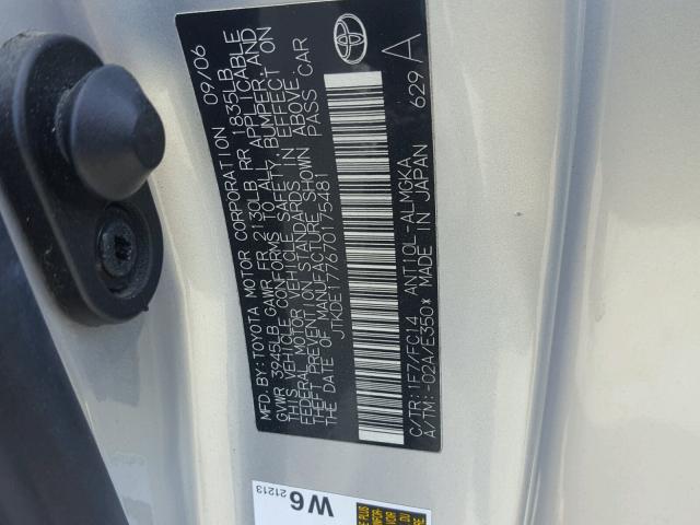 JTKDE177670175481 - 2007 TOYOTA SCION TC 银色 照片 10