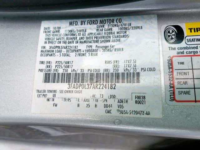 3FADP0L37AR224182 - 2010 FORD FUSION HYB SILVER photo 10