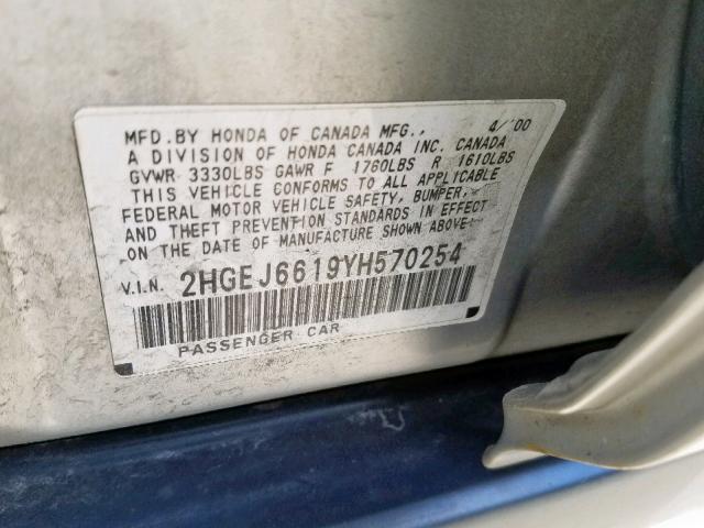 2HGEJ6619YH570254 - 2000 HONDA CIVIC BASE SILVER photo 10