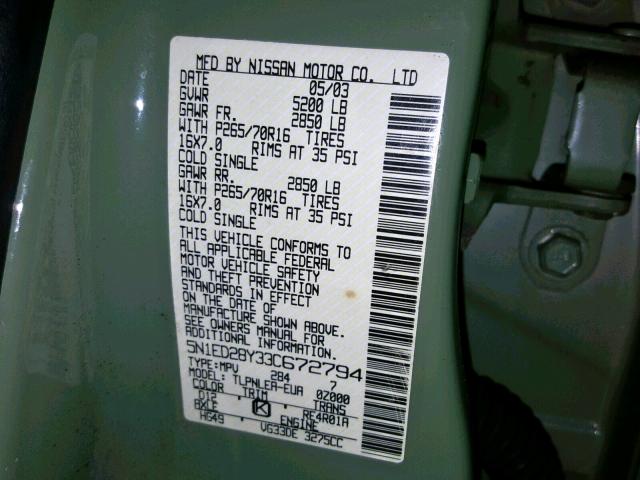 5N1ED28Y33C672794 - 2003 NISSAN XTERRA XE GREEN photo 10