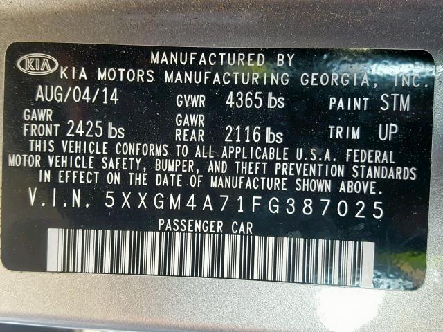 5XXGM4A71FG387025 - 2015 KIA OPTIMA LX SILVER photo 10