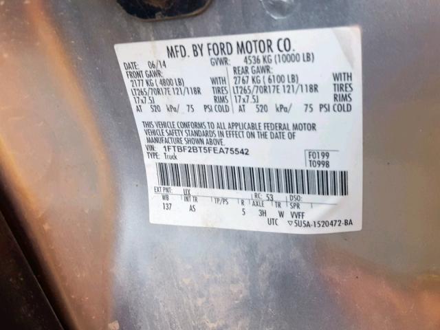 1FTBF2BT5FEA75542 - 2015 FORD F250 SUPER SILVER photo 10