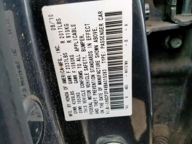 1HGCP2F48BA015083 - 2011 HONDA ACCORD LXP GRAY photo 10