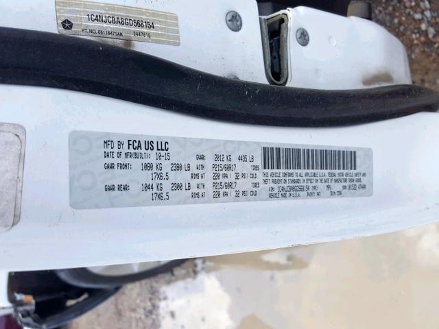 1C4NJCBA8GD568154 - 2016 JEEP COMPASS SP თეთრი ფოტო 10