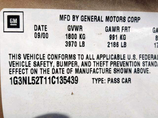 1G3NL52T11C135439 - 2001 OLDSMOBILE ALERO GL GOLD photo 10