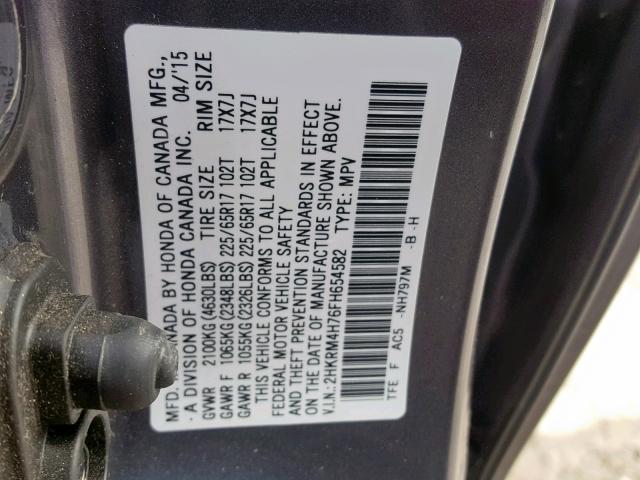 2HKRM4H76FH654582 - 2015 HONDA CR-V EXL GRAY photo 10