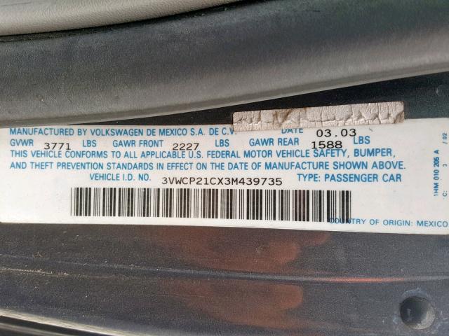 3VWCP21CX3M439735 - 2003 VOLKSWAGEN NEW BEETLE ნაცრისფერი ფოტო 10