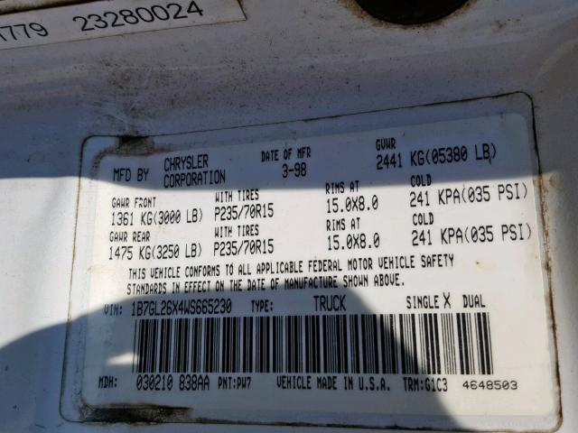 1B7GL26X4WS665230 - 1998 DODGE DAKOTA WHITE photo 10