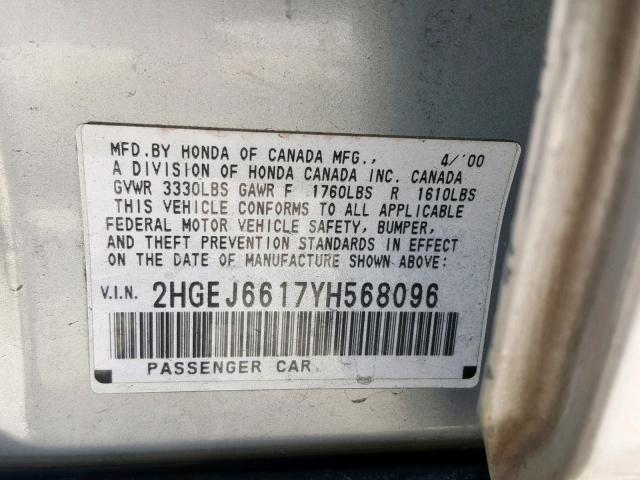 2HGEJ6617YH568096 - 2000 HONDA CIVIC BASE SILVER photo 10