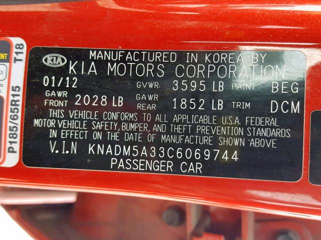 KNADM5A33C6069744 - 2012 KIA RIO LX RED photo 10