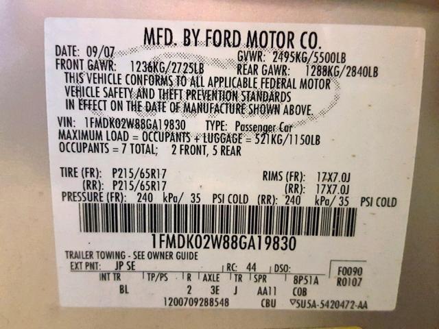 1FMDK02W88GA19830 - 2008 FORD TAURUS X S SILVER photo 10