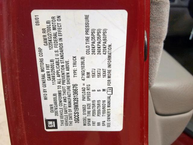 1GCCS19WX28136676 - 2002 CHEVROLET S TRUCK S1 RED photo 10