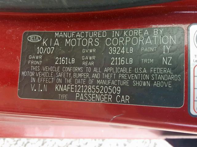 KNAFE121285520509 - 2008 KIA SPECTRA EX RED photo 10