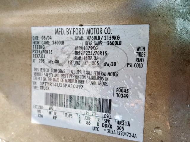 1FTYR14U35PA10497 - 2005 FORD RANGER SUP GRAY photo 10