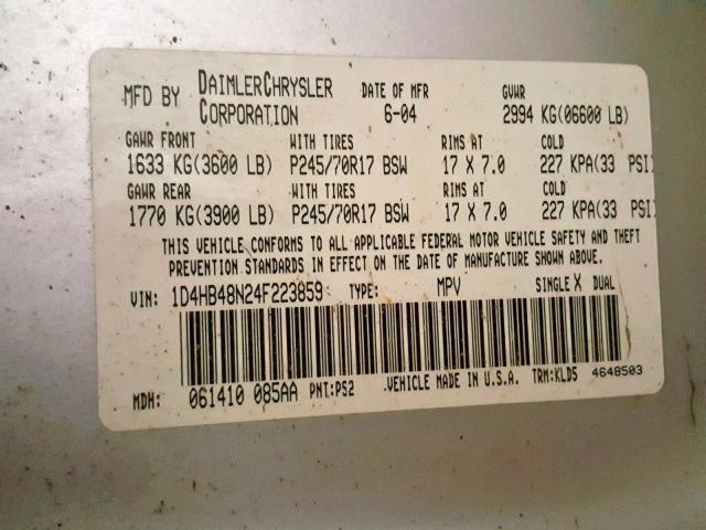 1D4HB48N24F223859 - 2004 DODGE DURANGO SL SILVER photo 10