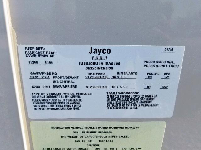 1UJBJ0BU1H1EA0109 - 2017 JAYCO EAGLE  GRAY photo 10