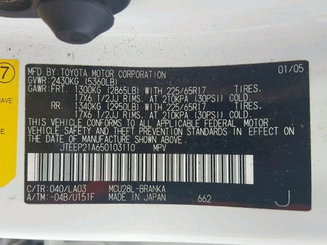 JTEEP21A650103110 - 2005 TOYOTA HIGHLANDER WHITE photo 10