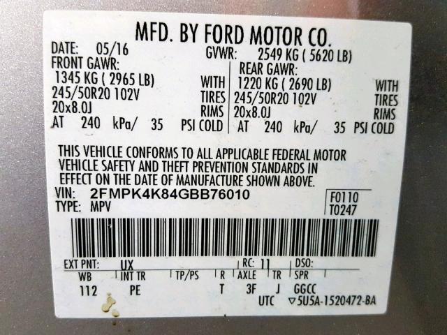 2FMPK4K84GBB76010 - 2016 FORD EDGE TITAN SILVER photo 10