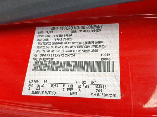 3FAFP313XYR126724 - 2000 FORD FOCUS ZX3 RED photo 10