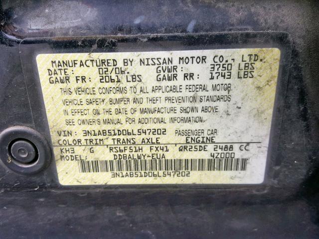 3N1AB51D06L547202 - 2006 NISSAN SENTRA SE- BLACK photo 10