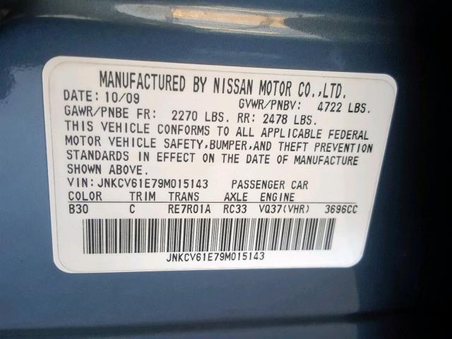 JNKCV61E79M015143 - 2009 INFINITI G37 BASE BLUE photo 10