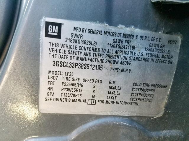 3GSCL33P38S512195 - 2008 SATURN VUE XE GRAY photo 10