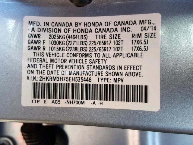 2HKRM3H75EH535446 - 2014 HONDA CR-V EXL SILVER photo 10