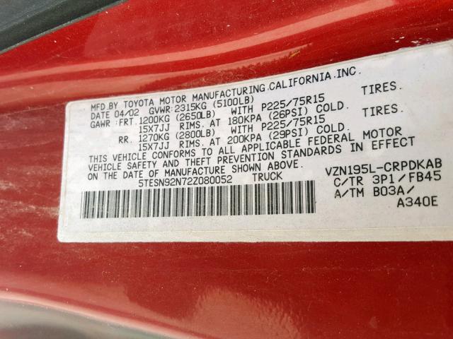 5TESN92N72Z080052 - 2002 TOYOTA TACOMA XTR 勃艮第红 照片 10