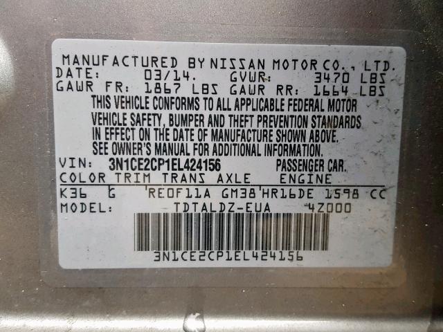 3N1CE2CP1EL424156 - 2014 NISSAN VERSA NOTE GRAY photo 10