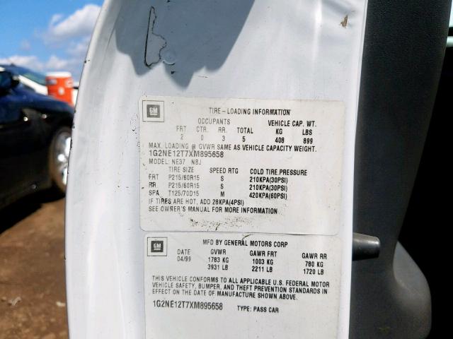 1G2NE12T7XM895658 - 1999 PONTIAC GRAND AM S WHITE photo 10