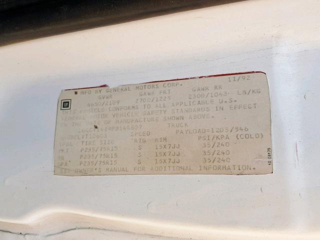 1GCCT14Z9P8144807 - 1993 CHEVROLET S TRUCK S1 WHITE photo 10