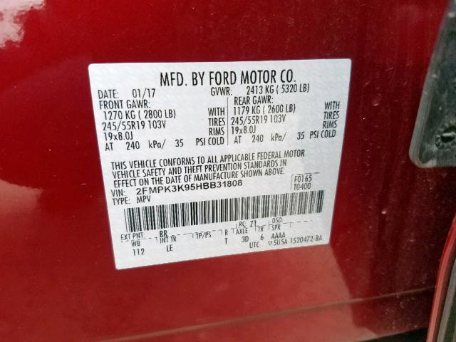 2FMPK3K95HBB31808 - 2017 FORD EDGE TITAN RED photo 10