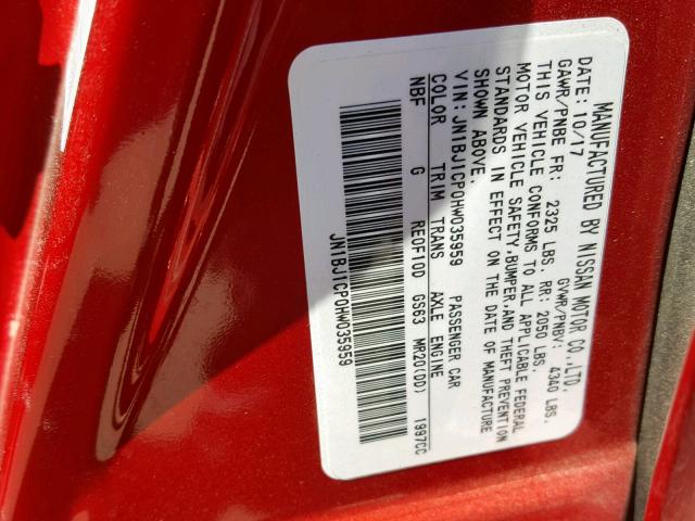 JN1BJ1CP0HW035959 - 2017 NISSAN ROGUE SPOR RED photo 10