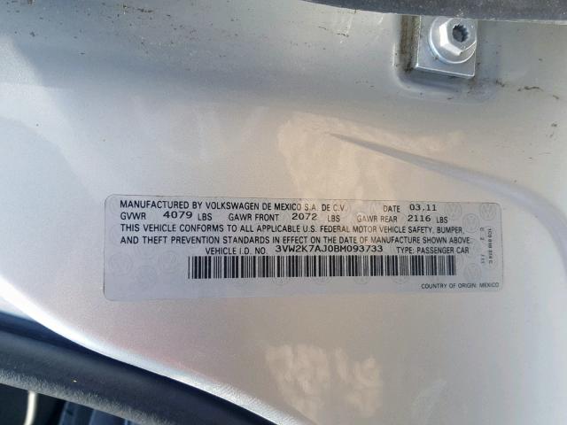 3VW2K7AJ0BM093733 - 2011 VOLKSWAGEN JETTA BASE SILVER photo 10