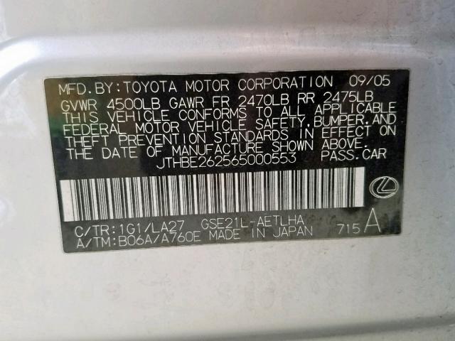 JTHBE262565000553 - 2006 LEXUS IS 350 SILVER photo 10