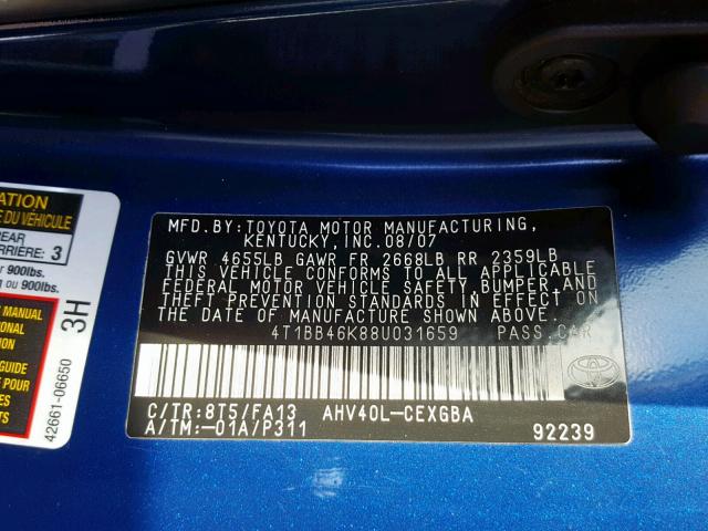 4T1BB46K88U031659 - 2008 TOYOTA CAMRY HYBR BLUE photo 10