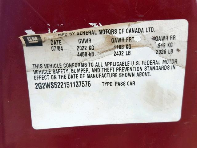 2G2WS522151137576 - 2005 PONTIAC GRAND PRIX MAROON photo 10