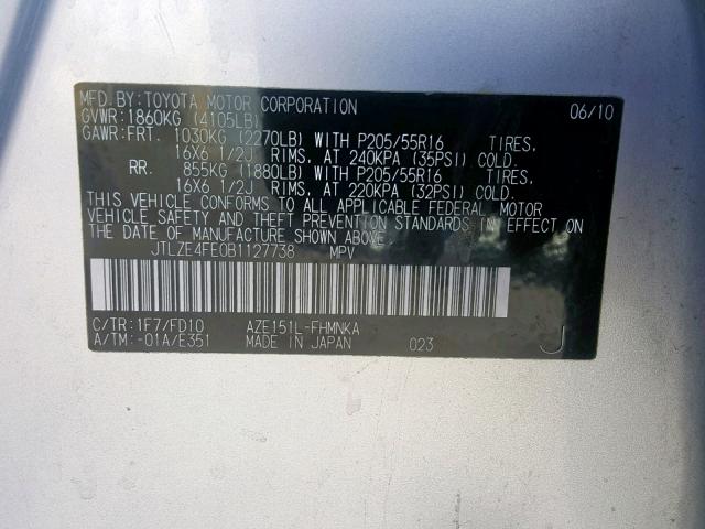 JTLZE4FE0B1127738 - 2011 TOYOTA SCION XB 银色 照片 10