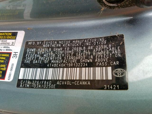 4T4BE46K19R132234 - 2009 TOYOTA CAMRY BASE BLUE photo 10