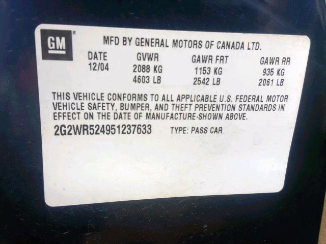 2G2WR524951237633 - 2005 PONTIAC GRAND PRIX BLACK photo 10