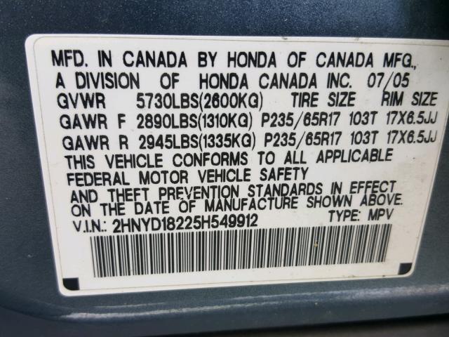 2HNYD18225H549912 - 2005 ACURA MDX BLUE photo 10