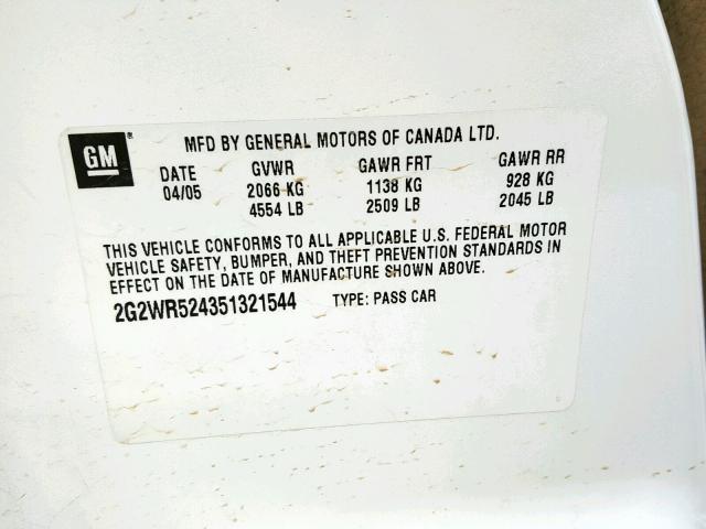 2G2WR524351321544 - 2005 PONTIAC GRAND PRIX WHITE photo 10