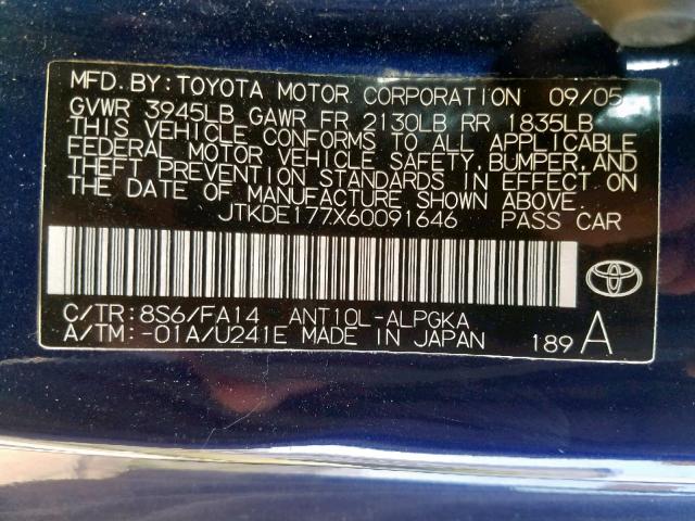 JTKDE177X60091646 - 2006 TOYOTA SCION TC ლურჯი ფოტო 10