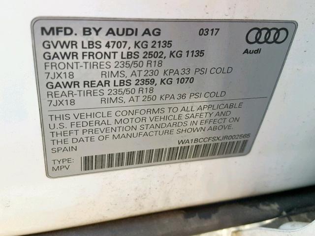 WA1BCCFSXJR002565 - 2018 AUDI Q3 PREMIUM WHITE photo 10