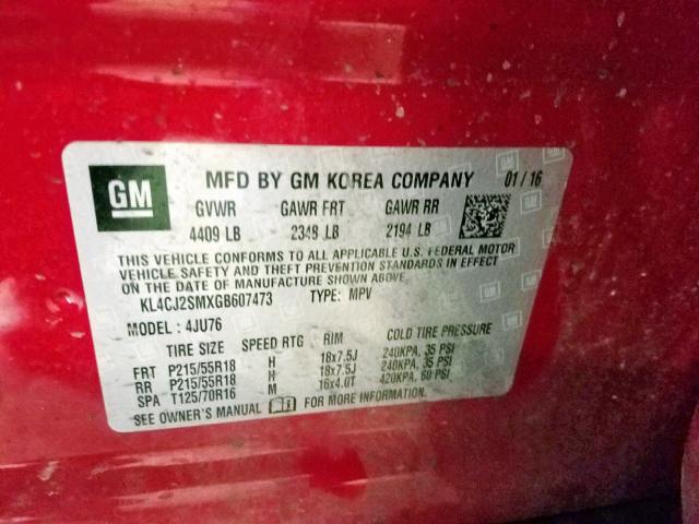 KL4CJ2SMXGB607473 - 2016 BUICK ENCORE SPO RED photo 10