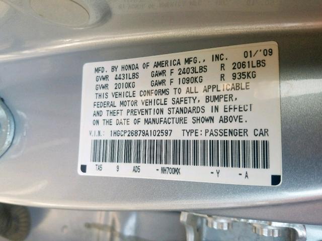 1HGCP26879A102597 - 2009 HONDA ACCORD EXL SILVER photo 10