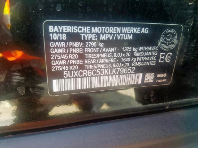 5UXCR6C53KLK79652 - 2019 BMW X5 XDRIVE4 BLACK photo 10